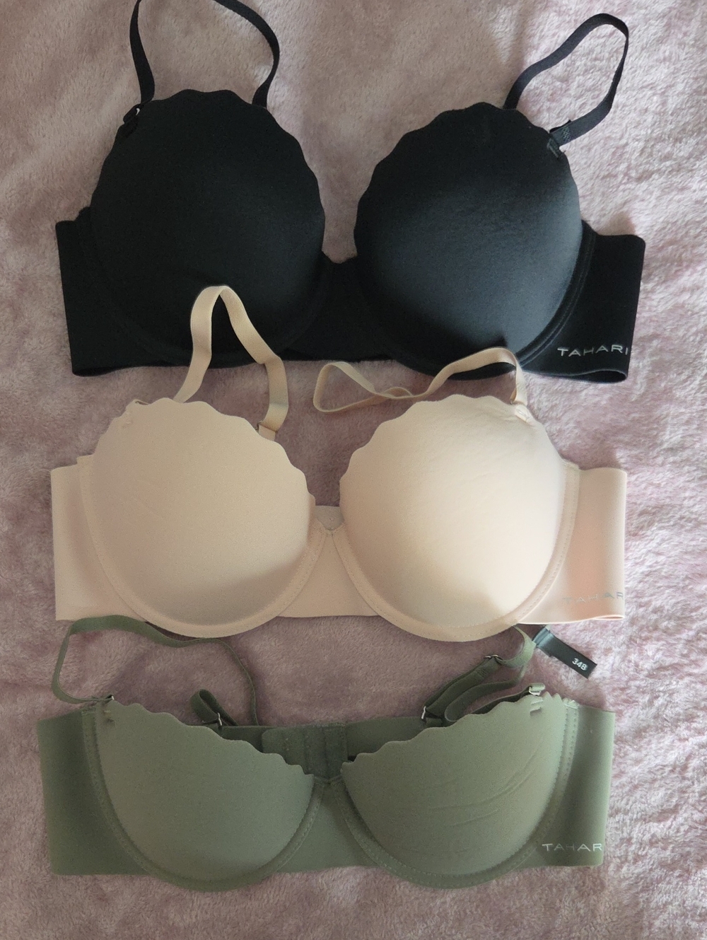 Tahari Scalloped Edge T-Shirt Bra Trio - Black, Nude, Sage